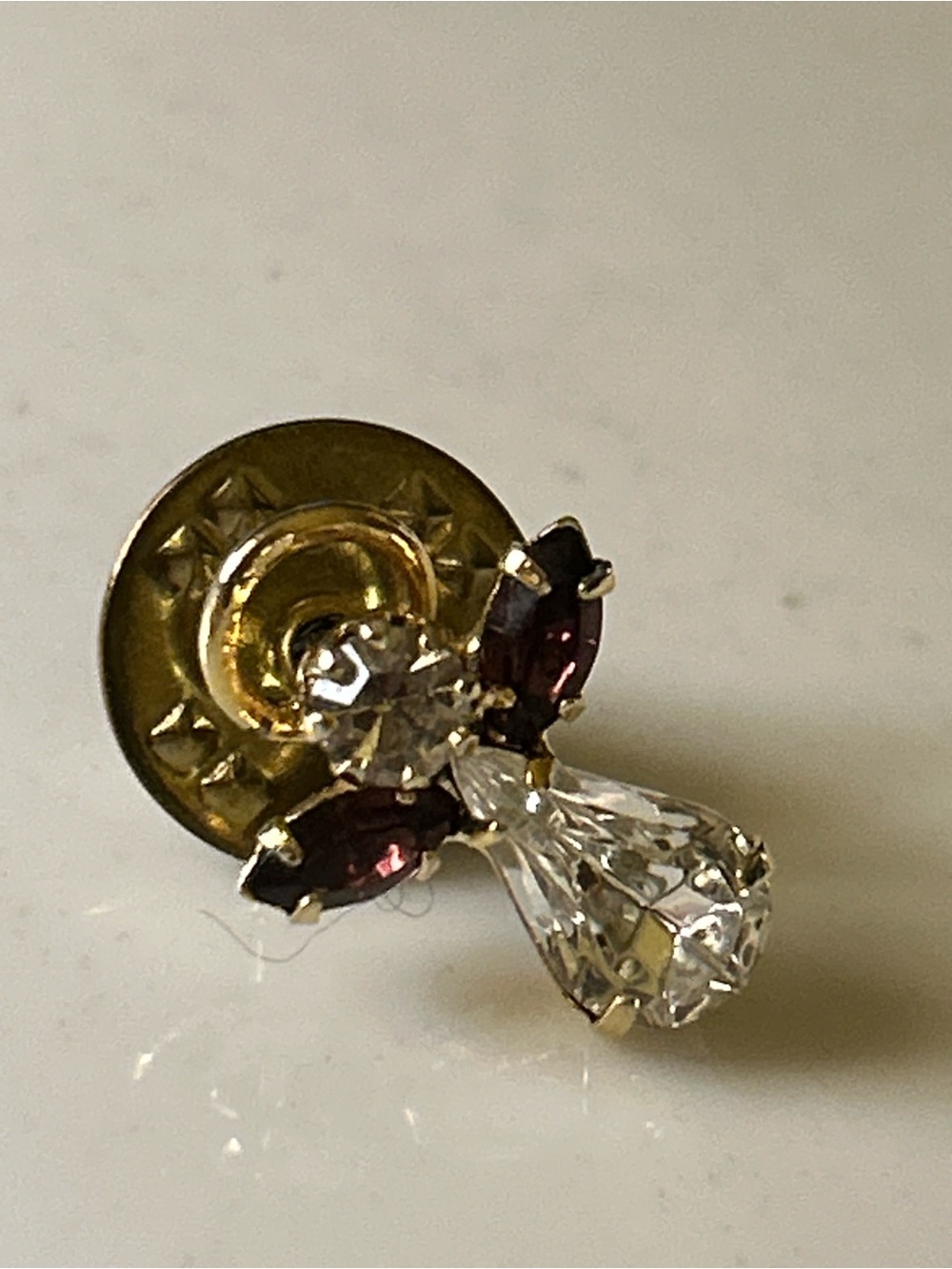 Vintage Mini Gold Tone Angel Pin with Clear Crystal and Deep Red Accents brooch